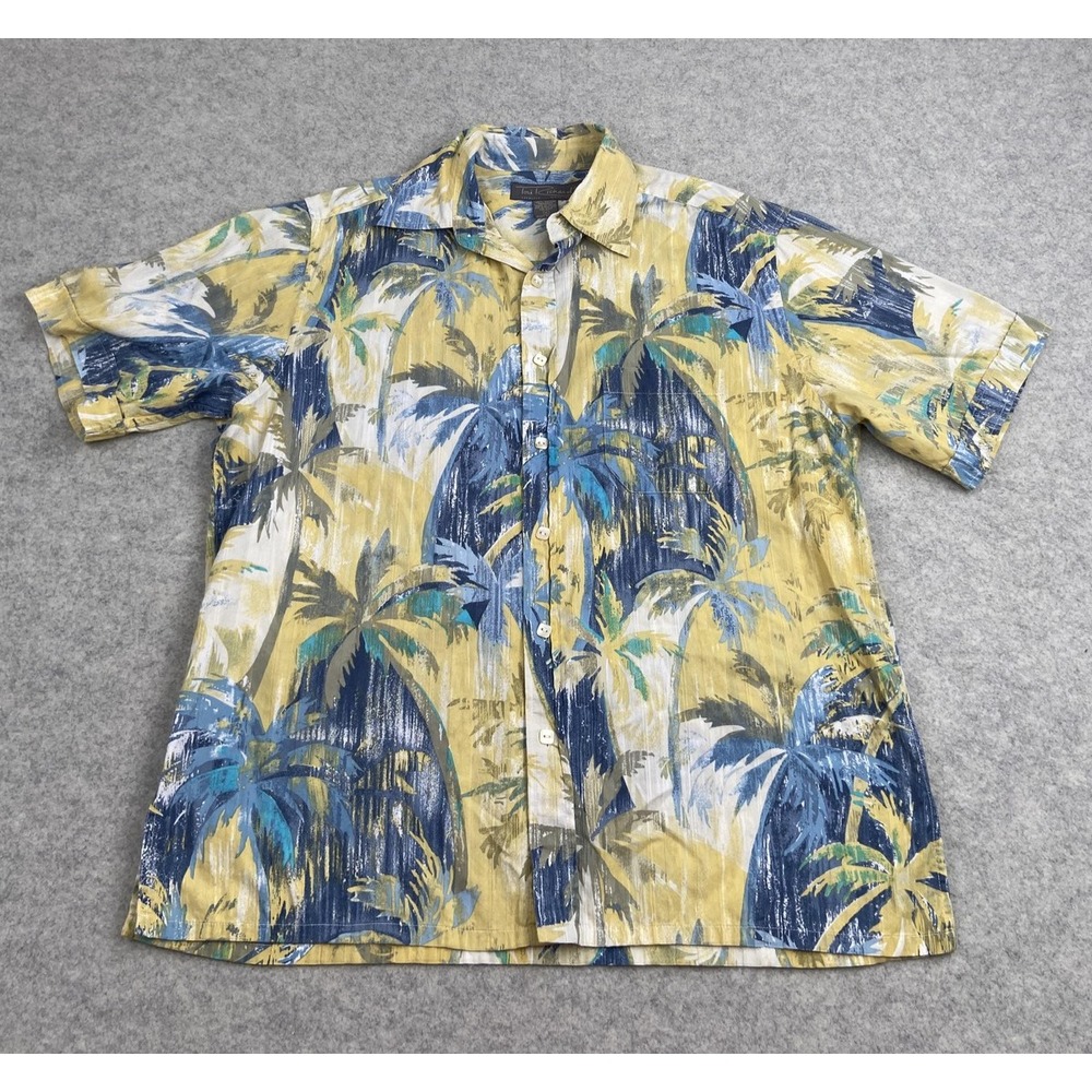 Tori Richard Shirt Mens Medium Yellow Hawaiian Palm Tree Tropical Button Up